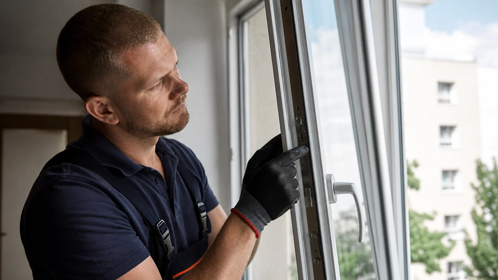 Servicetechniker stabilisiert einen weißen Dreh-Kipp-Fensterflügel und prüft im Wohnraum die Fehlbedienungssperre an der Beschlagseite