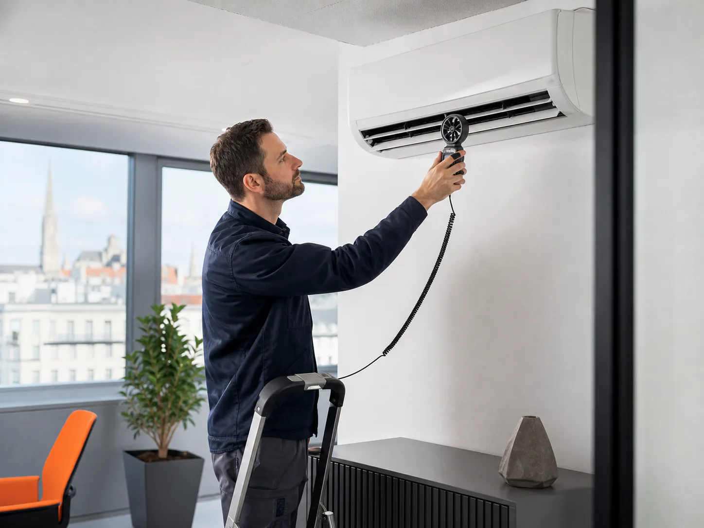 Techniker prüft den Anpressdruck eines Dreh-Kipp-Fensters am Beschlag und kontrolliert die Dichtung im Falz