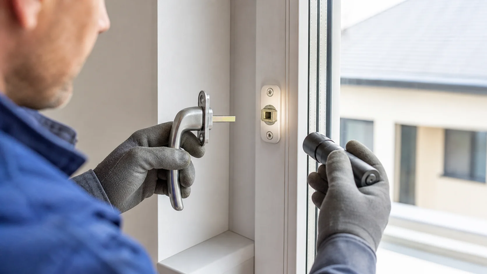 Fenstertechniker vergleicht Vierkantstift eines abgenommenen Fenstergriffs mit der Getriebeaufnahme