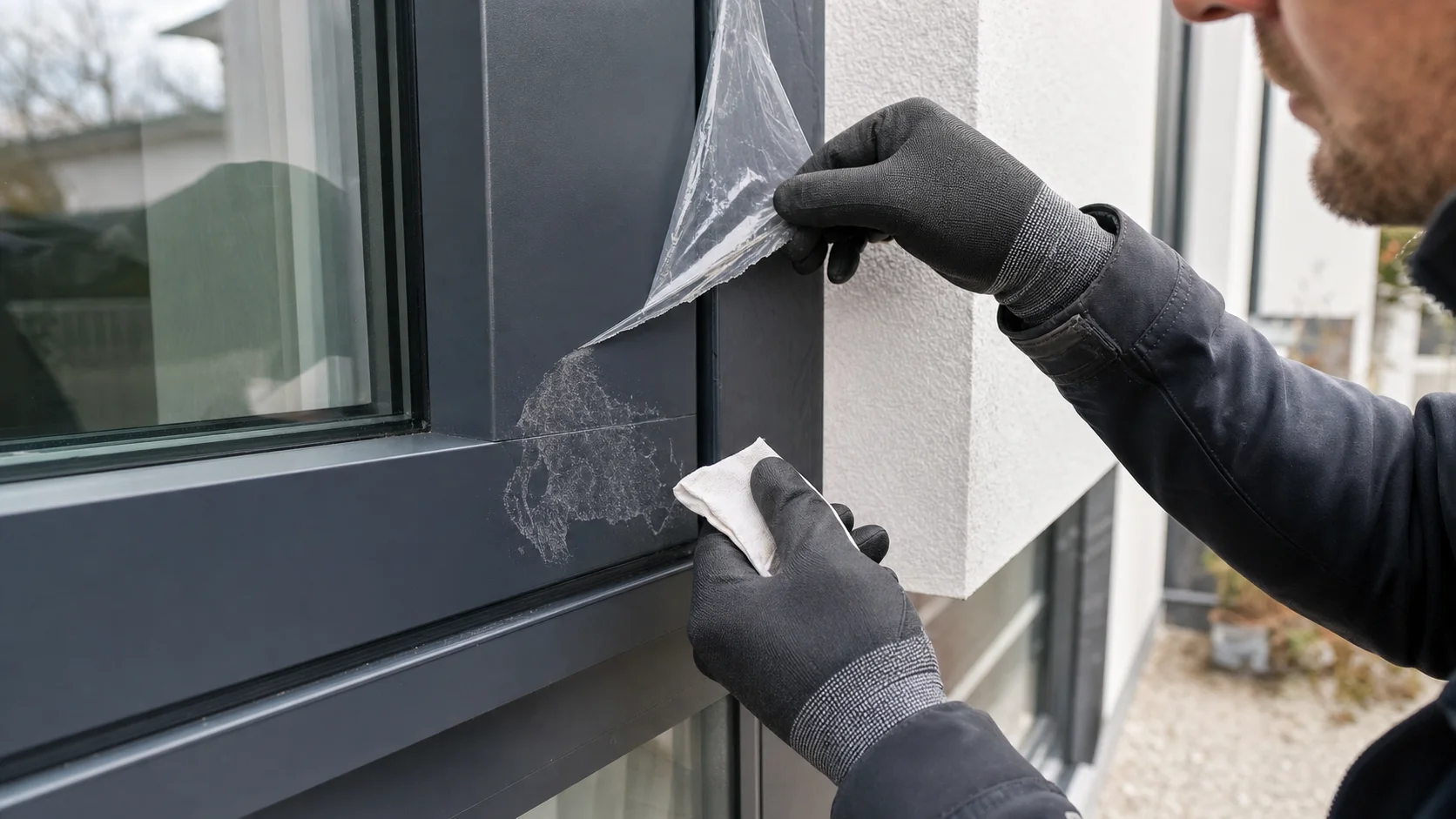 Fenstertechniker prüft gealterte Schutzfolie und Klebereste auf einem anthrazitfarbenen Fensterrahmen